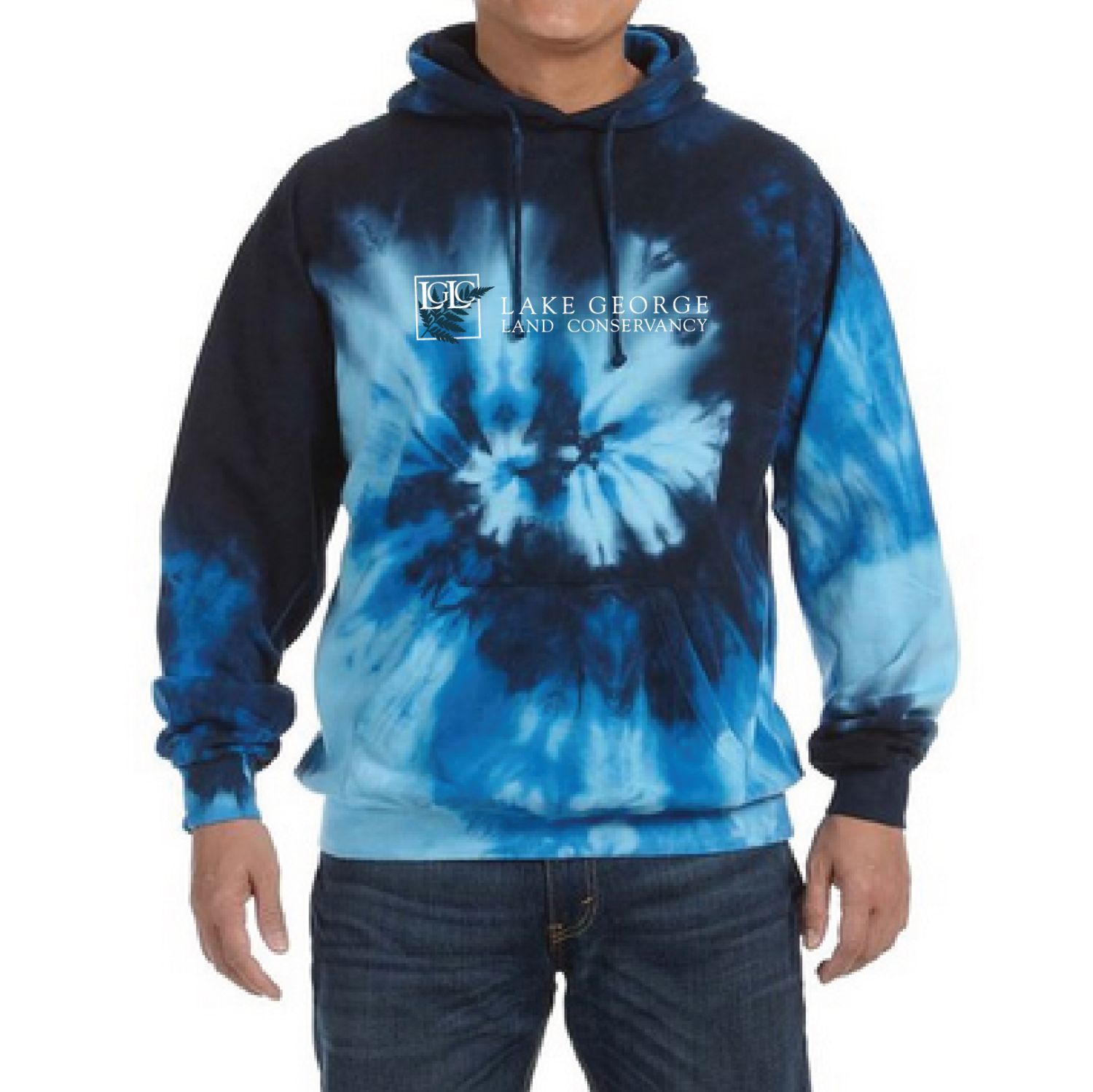 a man is modeling a tie-dye hooded sweatshirt colored in multiple shades of blue. The LGLC logo is screen printed on the front in white.
