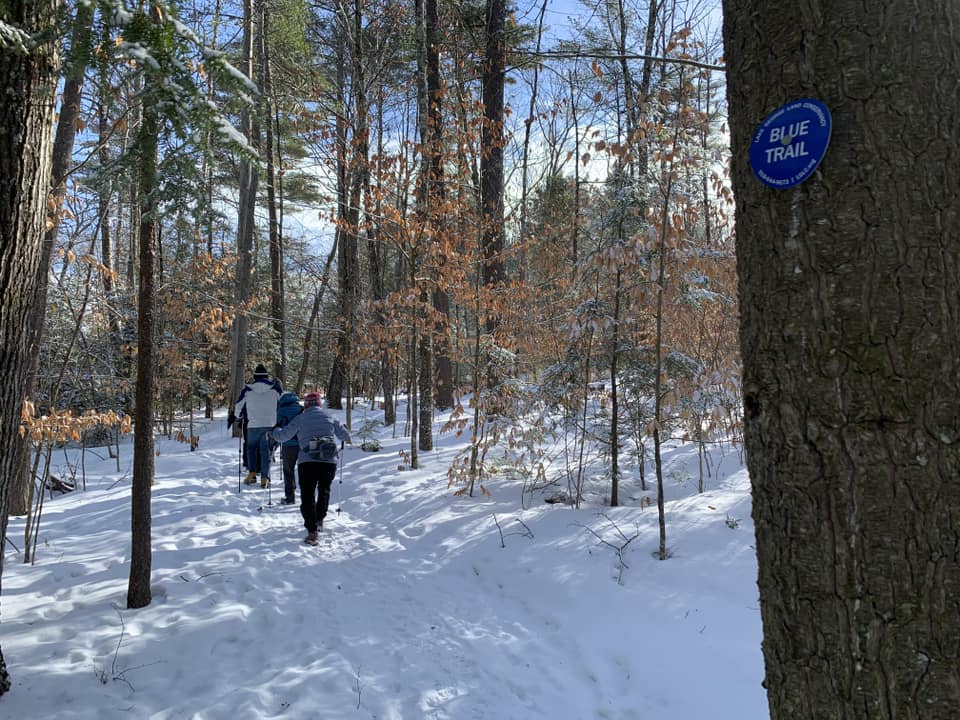 People hike on a snowy wooded trail. Blue sky shows through the bare tree branches.