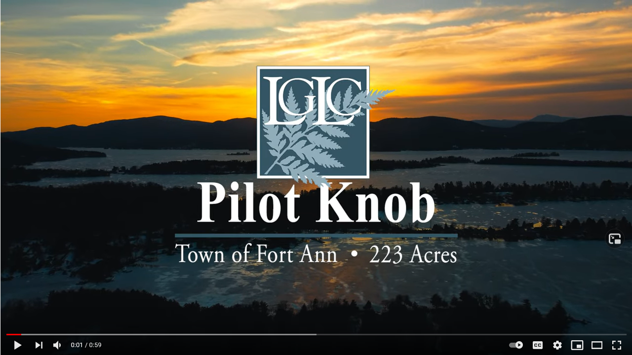 Video screenshot; text: Pilot Knob, Town of Fort Ann, 223 Acres